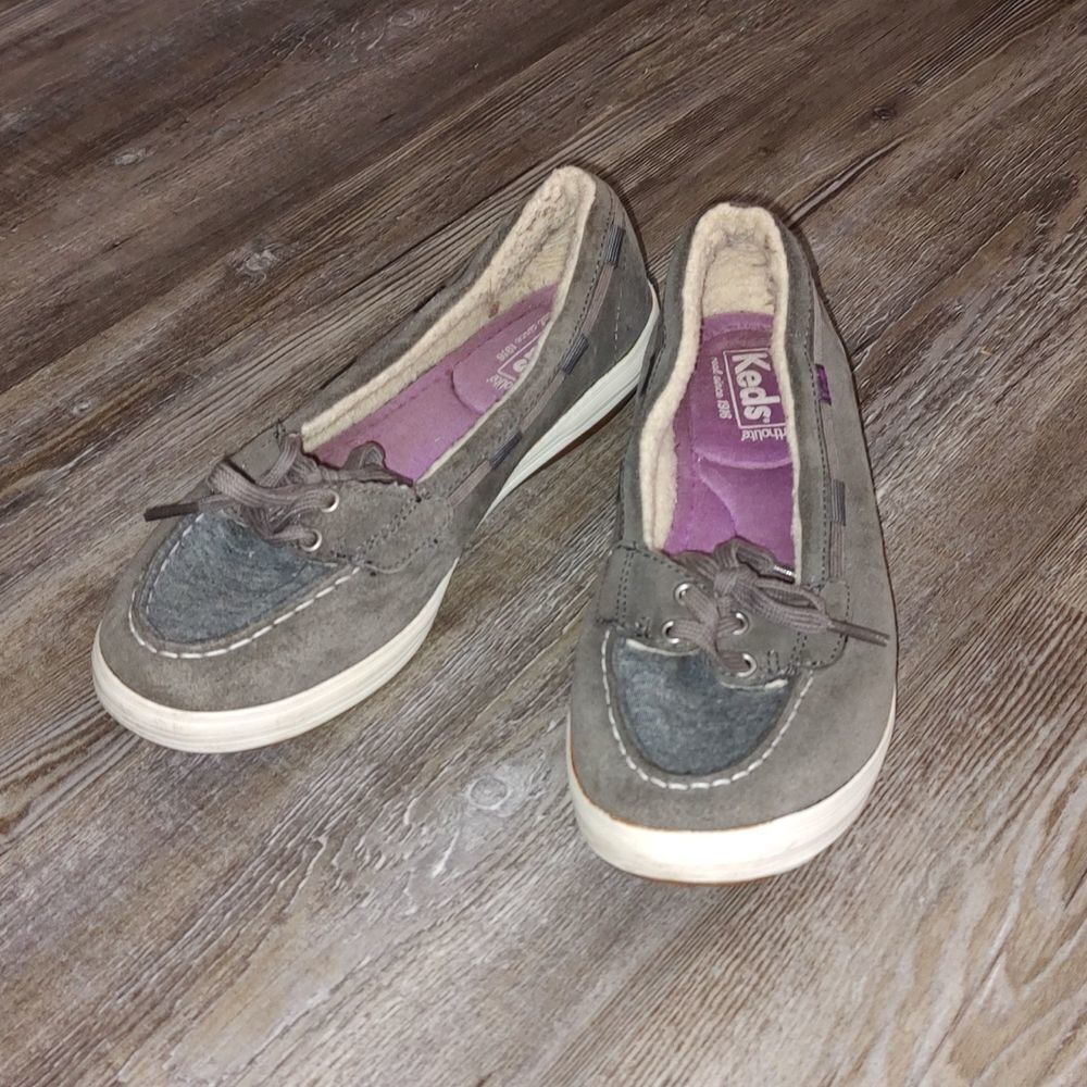 Keds suede faux fur lined gray shoes moccasins Sz 7.5